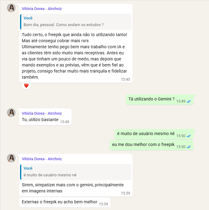 Feedback de Vitória Dorea sobre uso do Gemini e resultados com IA